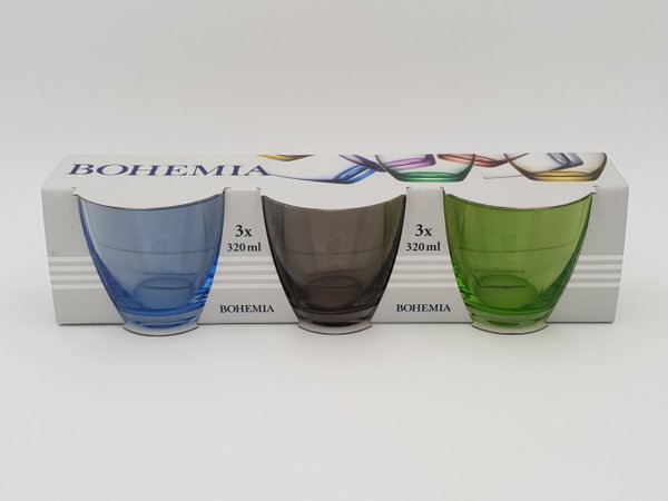 Wassergläser 3 x 320 ml      Bohemia  (grün ,grau, blau)
