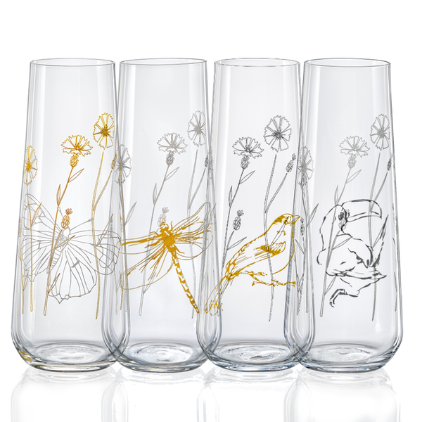 Prosecco Sektgläser Meadow Kristallglas 4 verschiedene Dekorationen gold matt 250 ml 4er Set